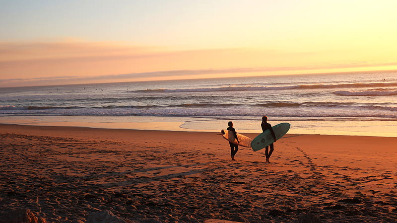 two surfers walking on sand going on water, HD wallpaper