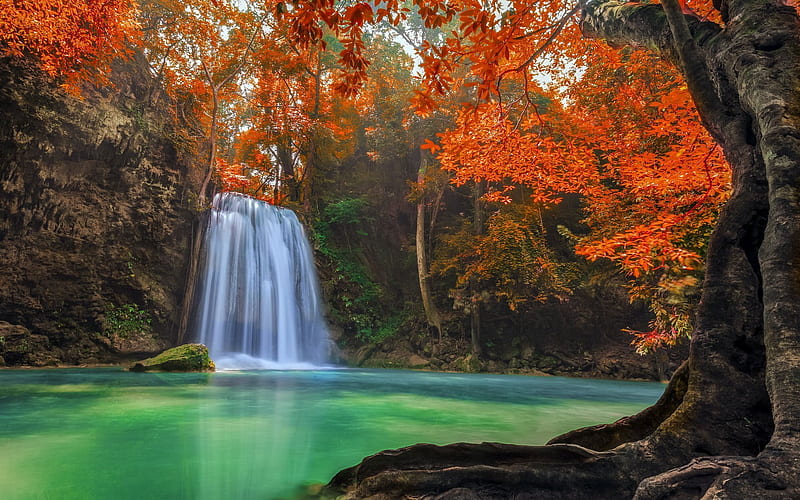 lake, forest, autumn, blue lake, beautiful waterfall, erawan waterfall, waterfalls, thailand, HD wallpaper