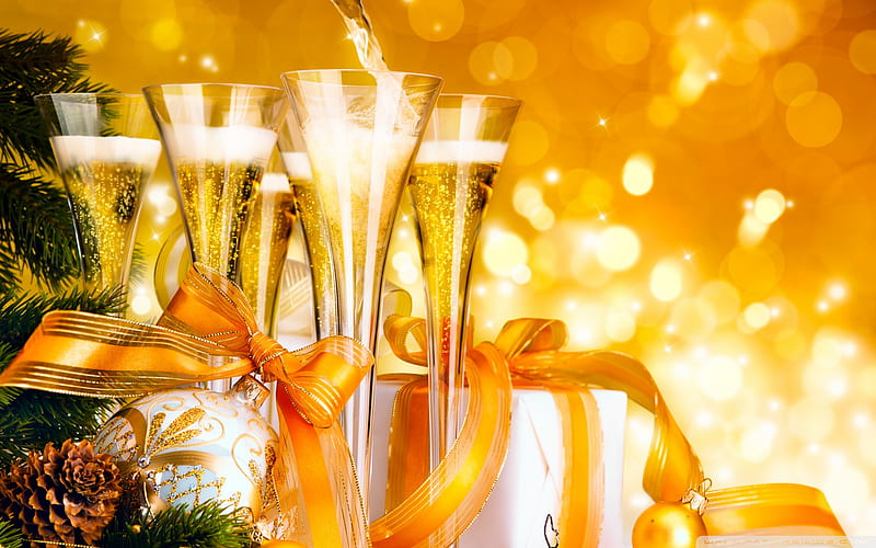 Happy New Year, Christmas decoration, champagne, New Year Party, ribbons,  glare, HD wallpaper | Peakpx
