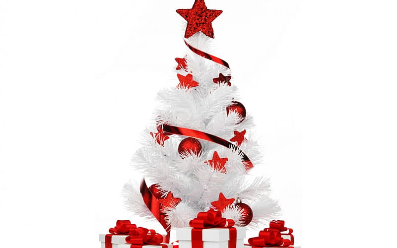 White&Red Ornaments, white and red, red star, christmas tree, white box, spettacular, red balls, red ribbons, gifts, HD wallpaper