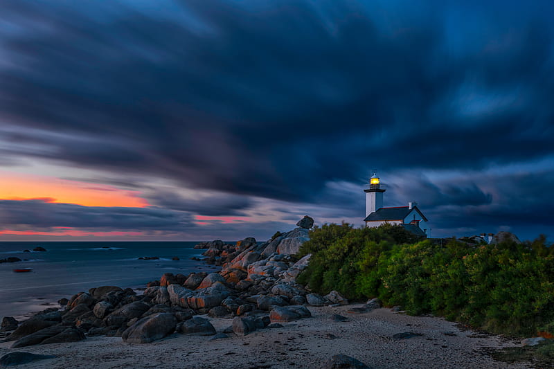 Buildings, Lighthouse, Cloud, Horizon, Ocean, Rock, HD wallpaper