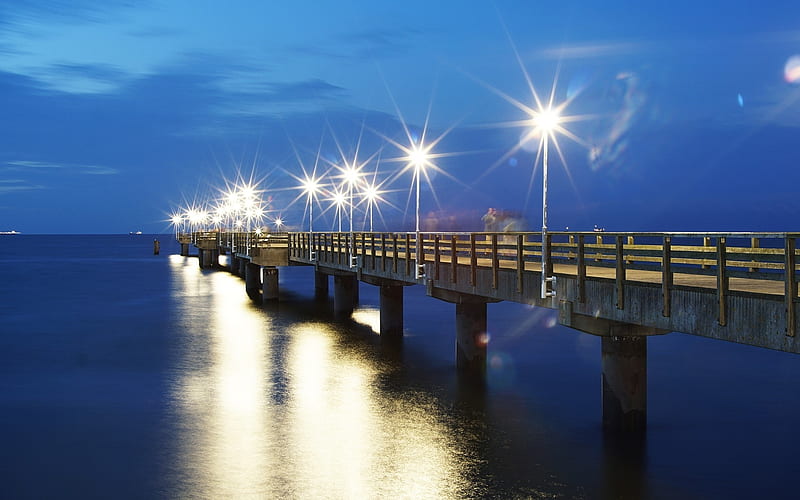 Pier in Baltic Sea, blue, lights, sea, pier, Baltic, HD wallpaper | Peakpx