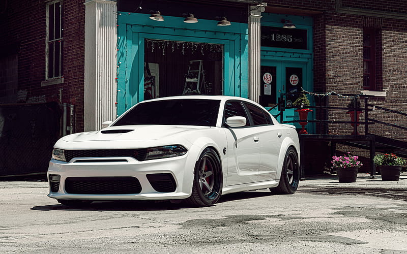 Dodge Charger SRT Hellcat, front view, exterior, white sedan, black wheels, tuning Charger, american cars, Dodge, HD wallpaper