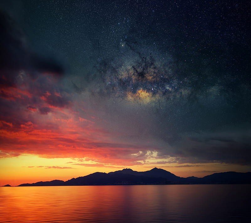 Starlit Sunset, lake, mountain, night, sky, HD wallpaper