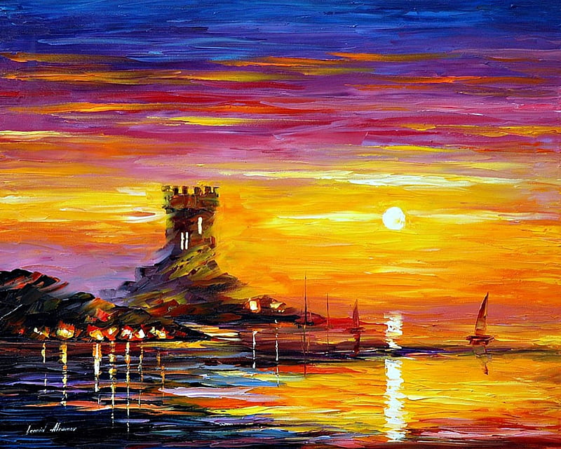 Old tower, art, luminos, yellow, sunset, sea, painting, leonid afremov, pictura, pink, blue, HD wallpaper