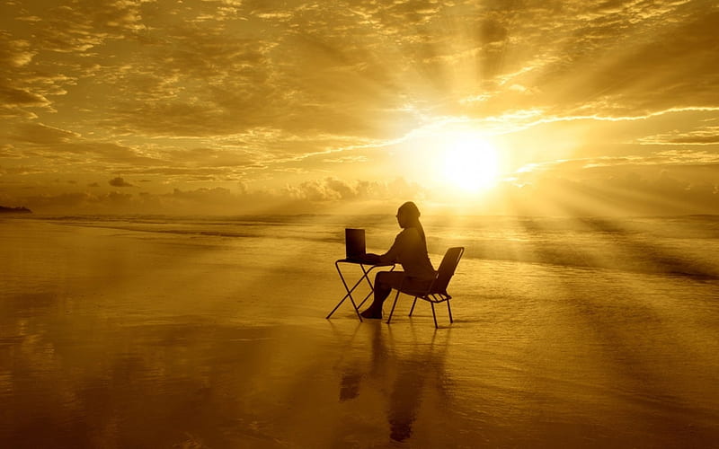 dreamy work place, table, beach, chair, sunrise, woman, sea, HD wallpaper