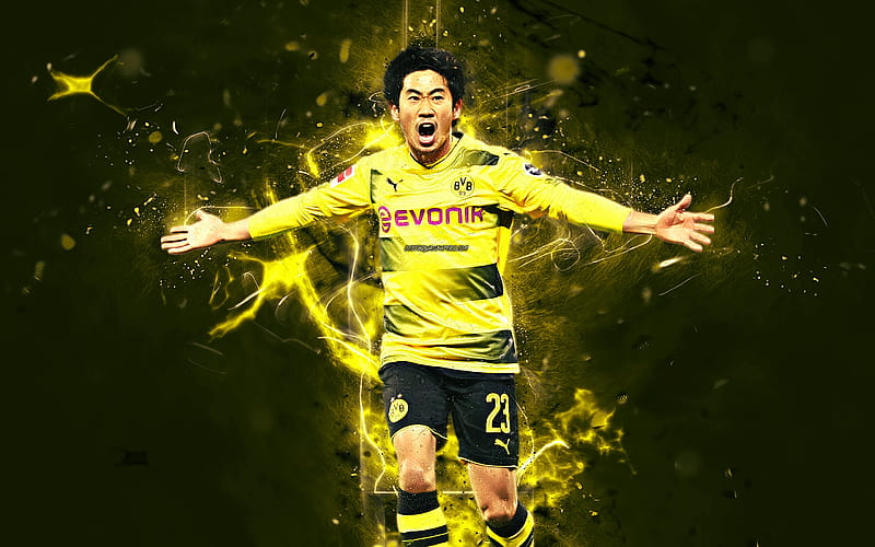 Shinji Kagawa, joy, japanese footballers, goal, Borussia Dortmund FC, soccer, Kagawa, BVB, Bundesliga, football, neon lights, abstract art, HD wallpaper