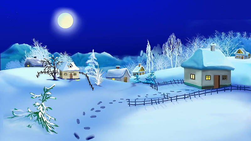 Small village in winter night, Houses, Snow, The Moon, Night, Christmas, HD wallpaper