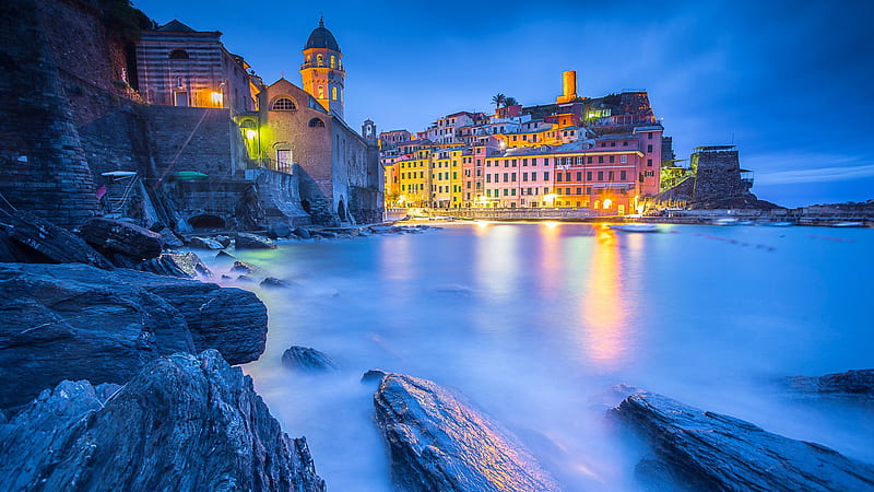 colorful lightning building in front of sea italy liguria sea vernazza travel, HD wallpaper