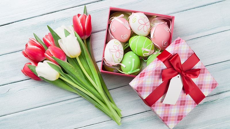 Happy Easter, eggs, tulip, flower, easter, white, lalele, red, green, gift, box, egg, card, bow, HD wallpaper