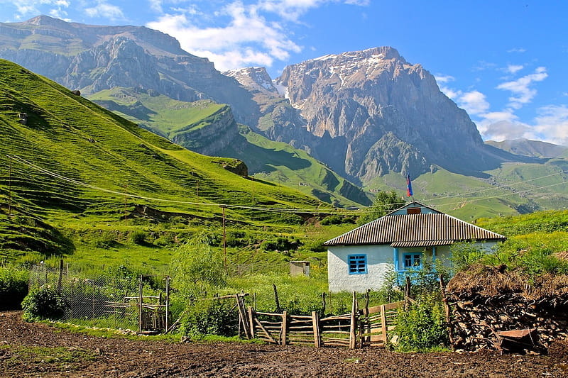 caucasus mountains azerbaijan, mountain, caucasus, house, azerbaijan, HD wallpaper