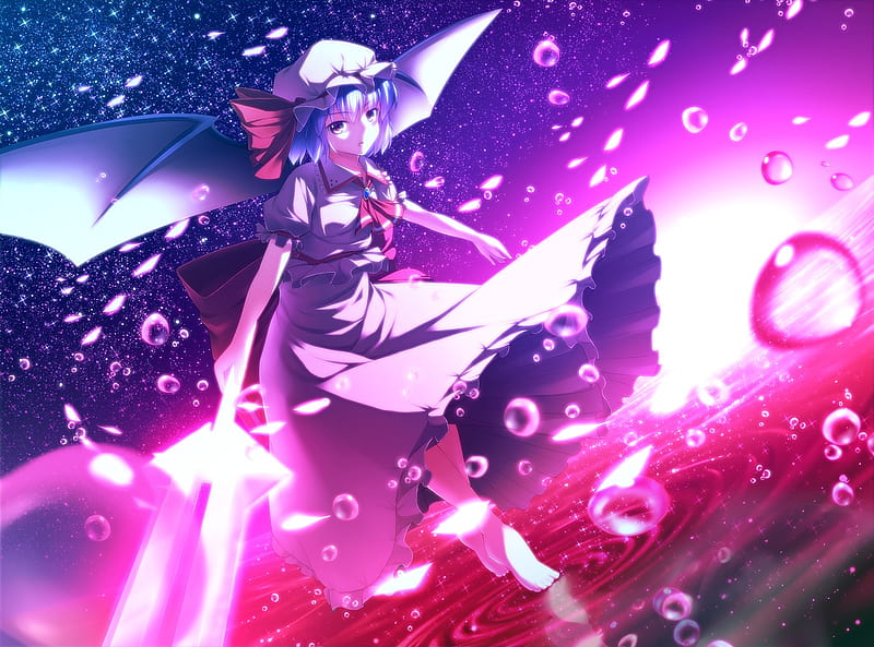 Remilia Scarlet, wings, dress, sun, pire, hat, feet, touhou, bubbles, va, HD wallpaper Remilia Scarlet, wings, dress, sun, pire, hat, feet, touhou, bubbles, va, HD wallpaper