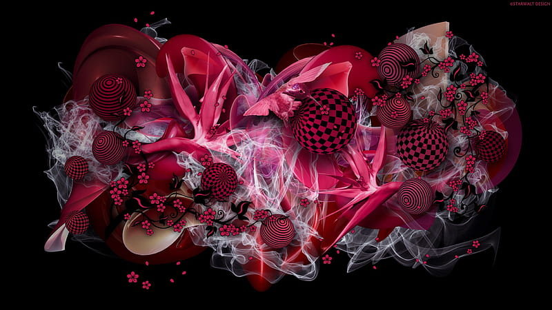 ✼.Smoke and Magenta.✼, pretty, colorful, designs, bonito, creation, digital art, butterfly, bright, flowers, smoke, animals, wings, lovely, illustrator, colors magenta, butterflies, cool, balls, 3 Dimensional, hop, collages, style, HD wallpaper