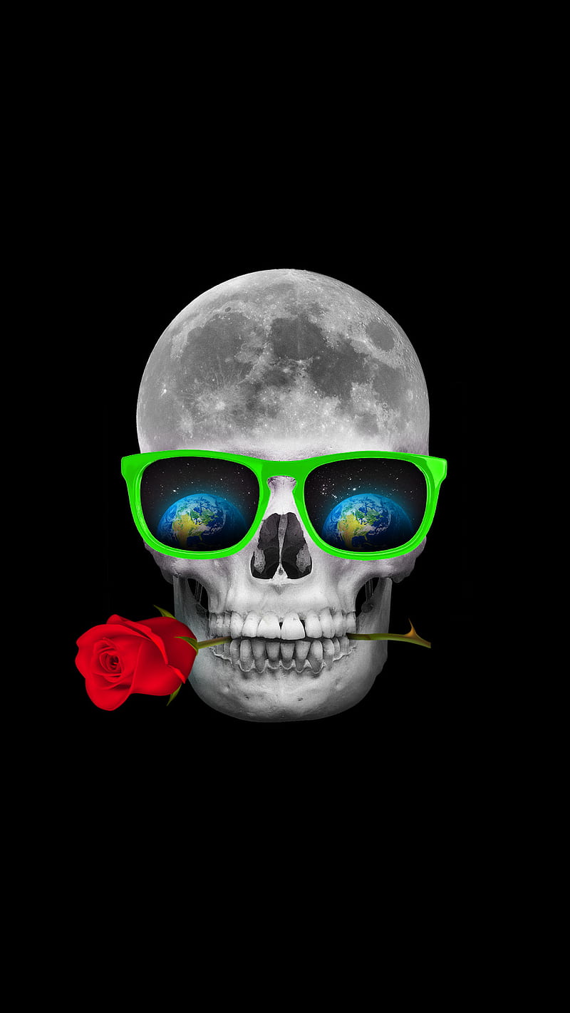 Skull, 2017, black, earth, glasses, green, red, rose, skeleton, stars, white, HD phone wallpaper
