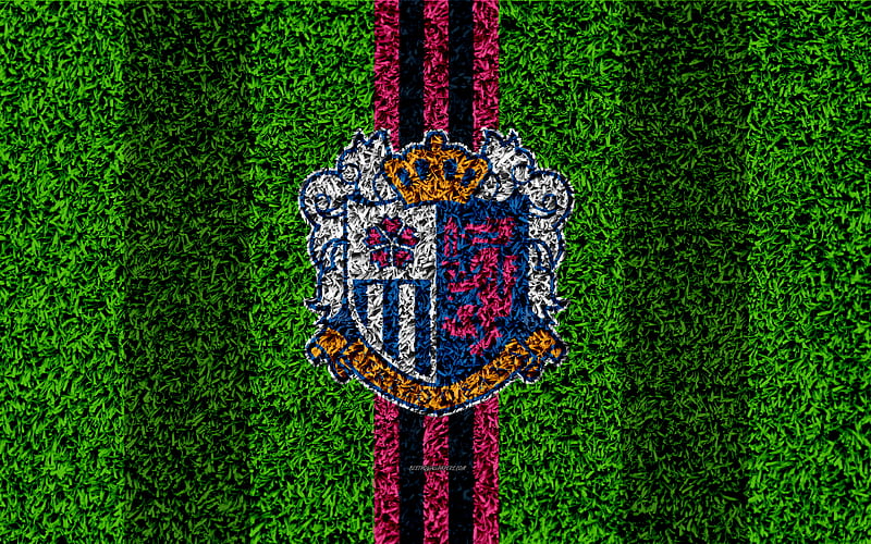 Cerezo Osaka FC logo, football lawn, japanese football club, purple blue lines, grass texture, J1 League, Osaka, japan, football, J-League, C-Osaka, HD wallpaper