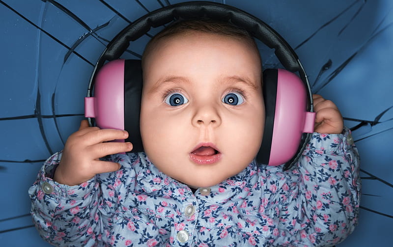Love for music, john wilhelm, headphones, child, pink, baby, blue, HD wallpaper