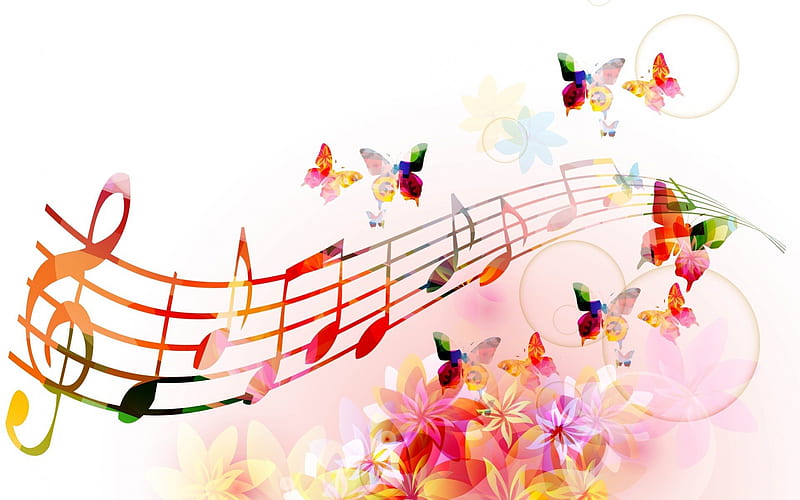 Colorful melody, colorful, life, happiness, music, melody, notes, colors, song, butterfly, HD wallpaper