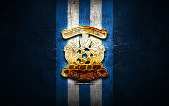 Kilmarnock FC, fiery logo, Scotland Premiership, blue wooden background ...