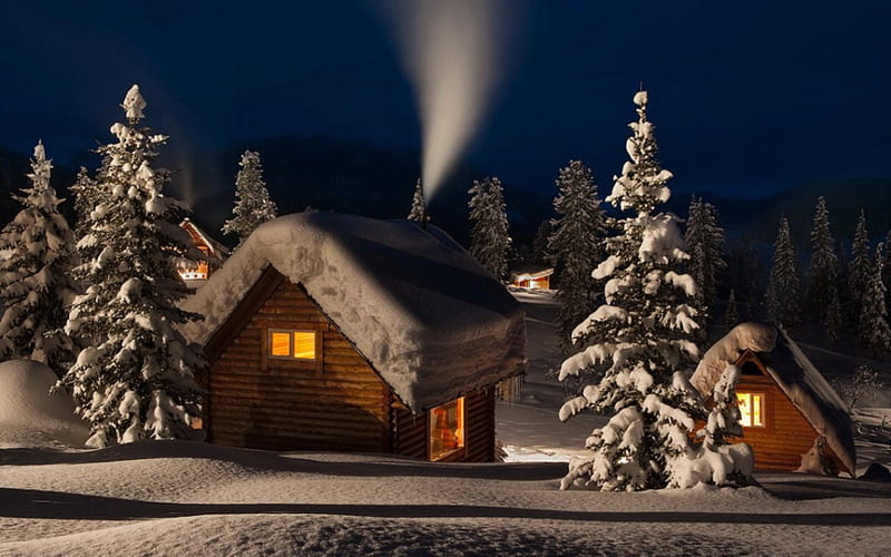 Cozy Winter Cabins, snow, cabins, trees, smoke, winter, HD wallpaper