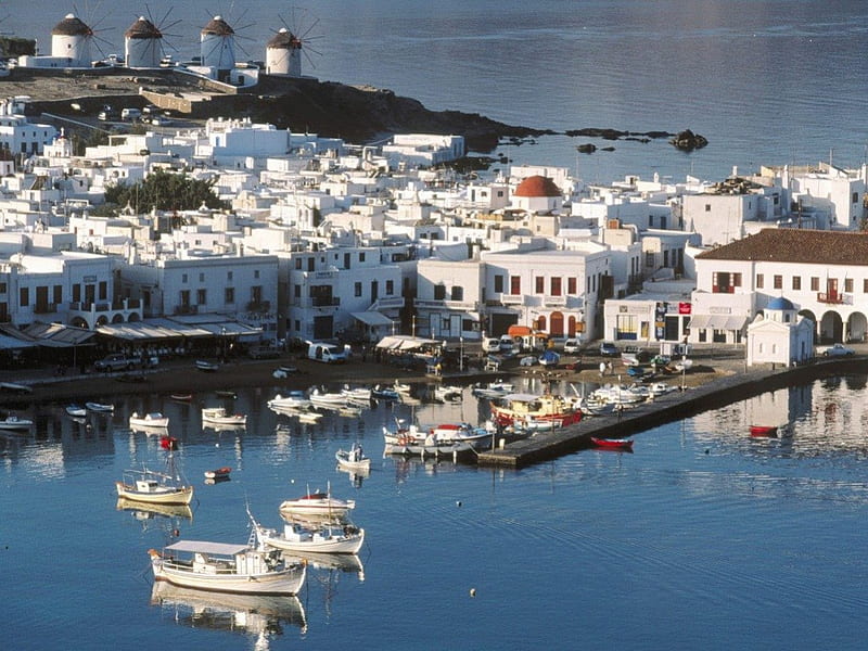 Mykonos Harbor Cyclades greece, white, harbor, sea, HD wallpaper