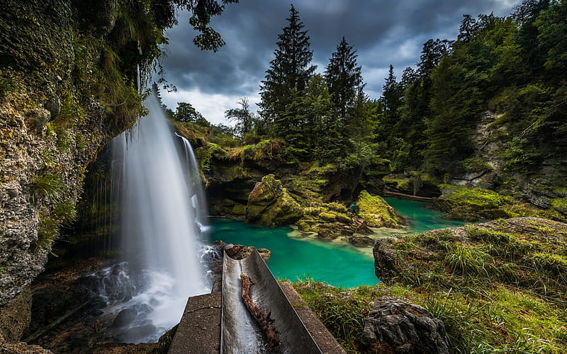 River Traun, Upper Austria, waterfall, mountain river, forest, mountain landscape, Austria, HD wallpaper