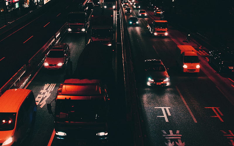 street, car, japan, night, orange, HD wallpaper