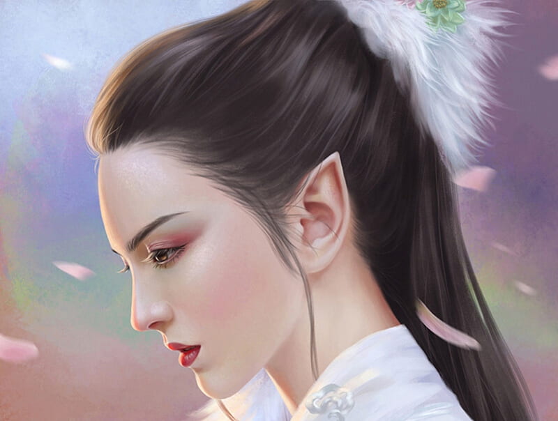 White fox, elf, asian, face, crystalrain, white, frumusete, luminos, fantasy, girl, fox, petals, HD wallpaper