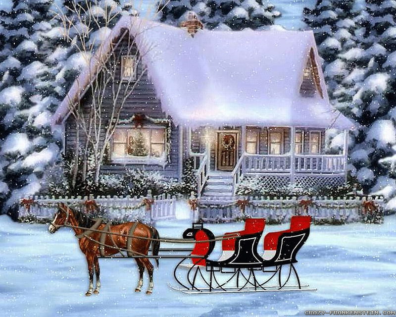 Christmas Carriage, painting, house, horse, carriage, HD wallpaper