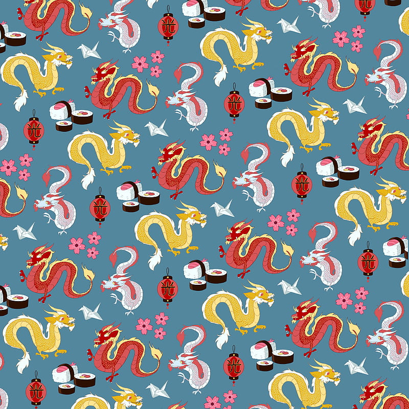 dragon, lanterns, sushi, pattern, HD phone wallpaper