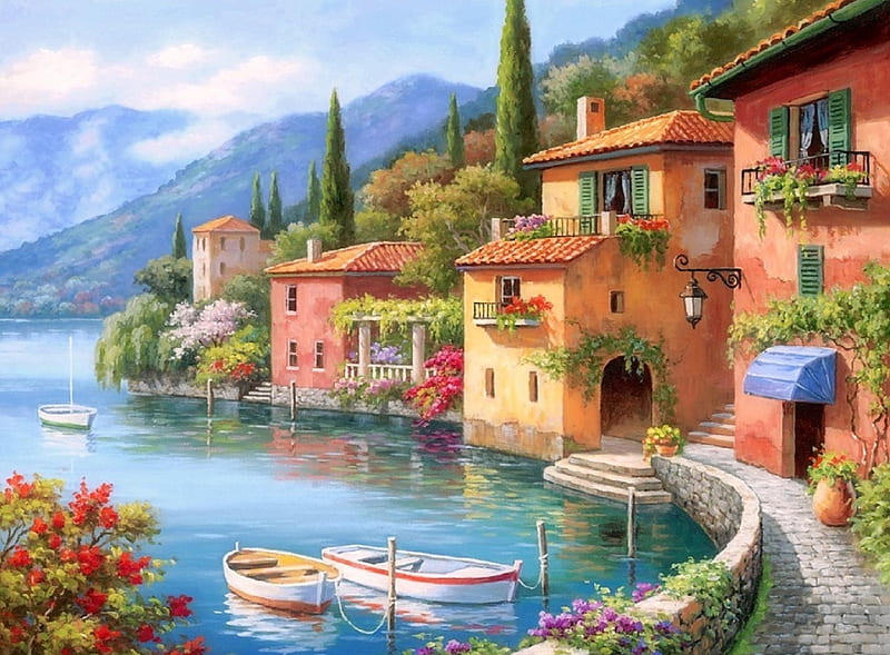 Villagio Dal Lago, architecture, villages, lakes, colors, love four seasons, bonito, attractions in dreams, country, trees, boats, paintings, landscapes, nature, HD wallpaper