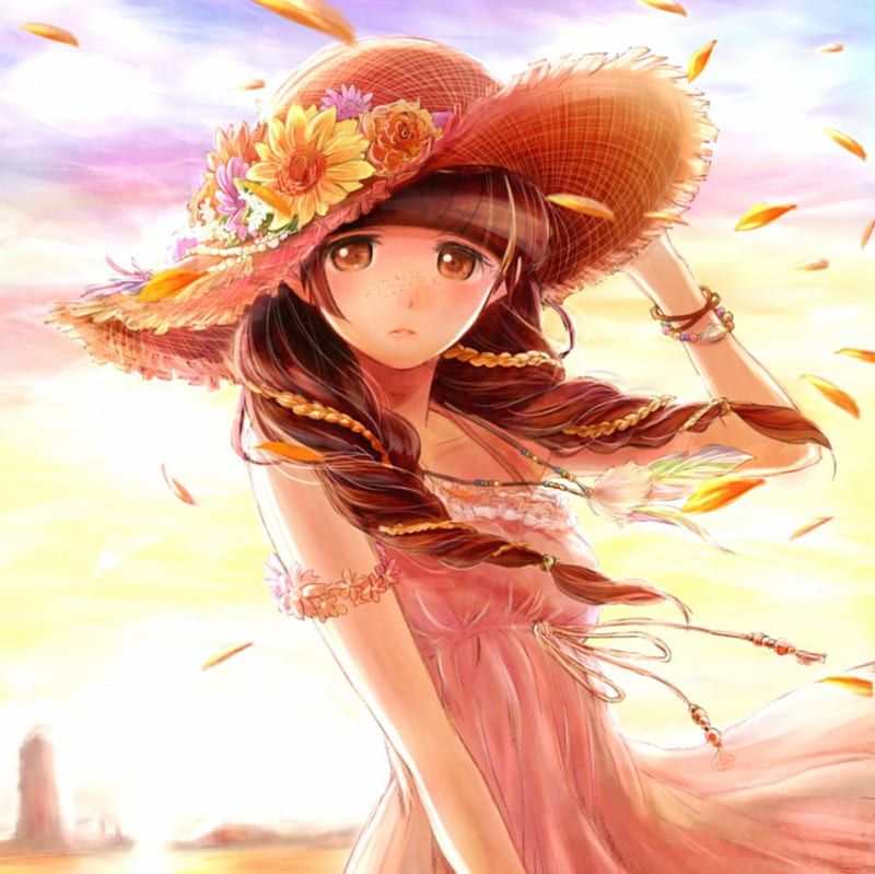 Straw Hat, female, cloud, smile, sky, sexy, happy, hat, cute, girl