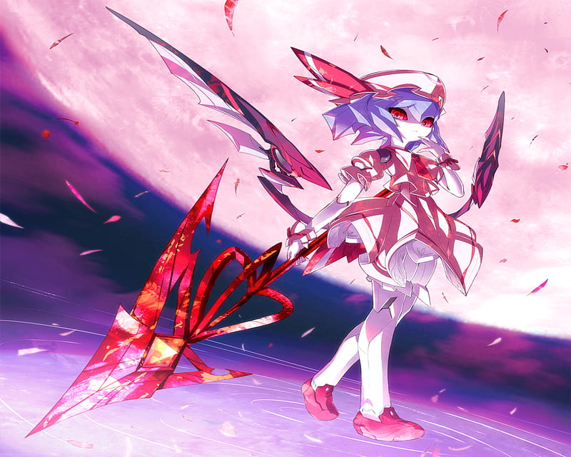 Remilia Scarlet, remila scarlet, cyber girl, cherry blossom, armor wings, weapons, moon, cool, warrior, air, spear, touhou, hot, walk, HD wallpaper