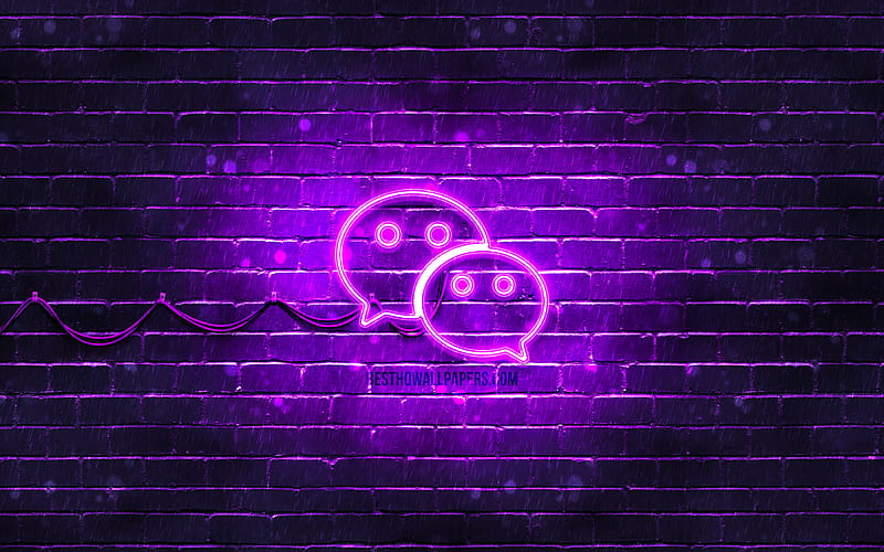 WeChat violet logo violet brickwall, WeChat logo, social networks, WeChat neon logo, WeChat, HD wallpaper