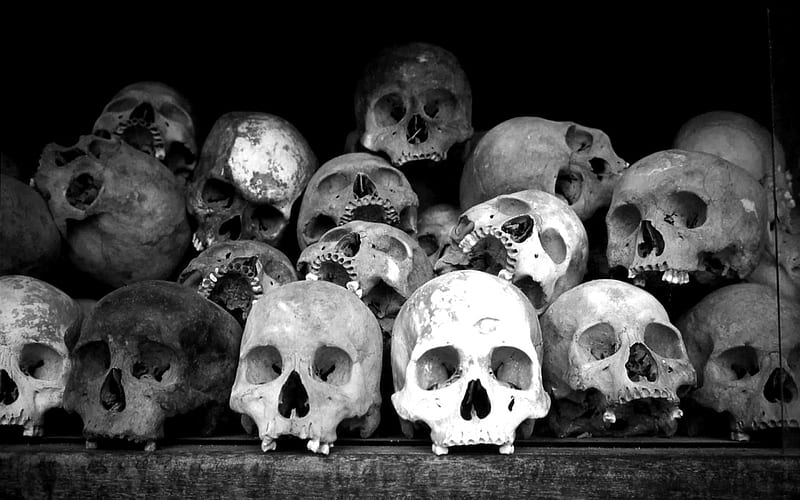 Khmer Rouge genocide, pol pot, head, black and white, very sad khmer, graphy, genocide, sadness, cambodia, black, politique skz, skulls, not cool, sad, democratic kampuchea, skull, white, history, communist, HD wallpaper