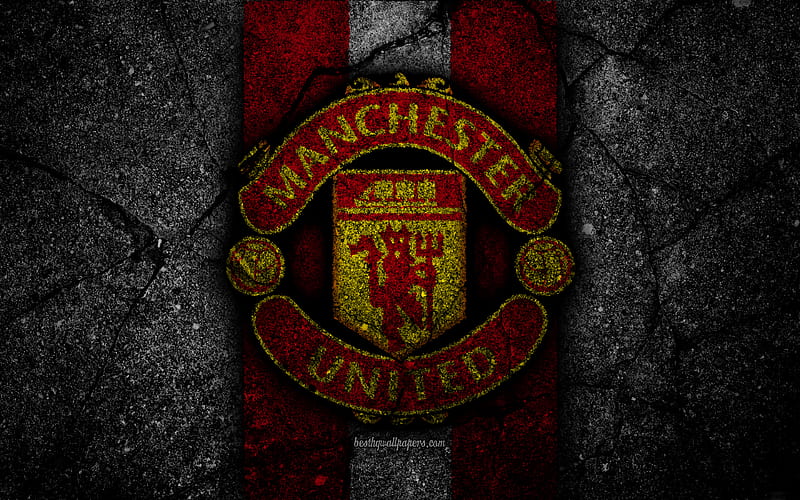 Manchester United FC logo, Premier League, grunge, MU, England, asphalt texture, Manchester United, black stone, Man United, soccer, football, FC Manchester United, HD wallpaper