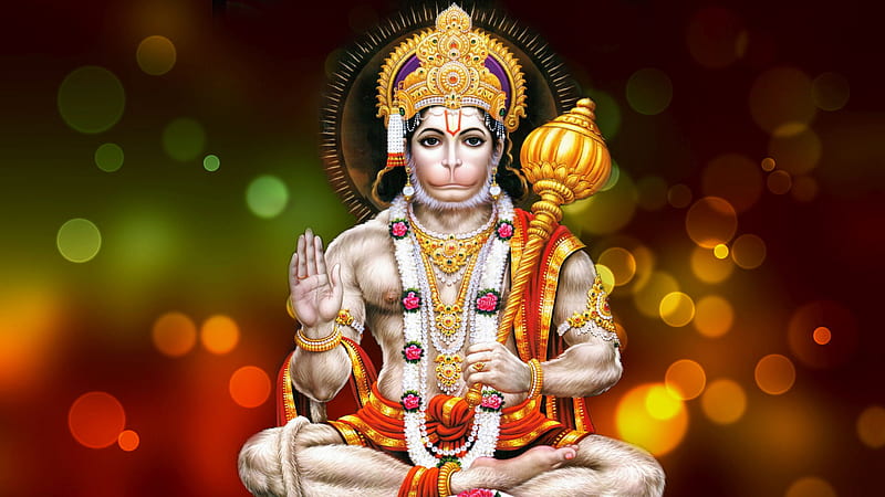 Hanuman With Gada In Red Yellow Green Bokeh Background Hanuman, HD wallpaper