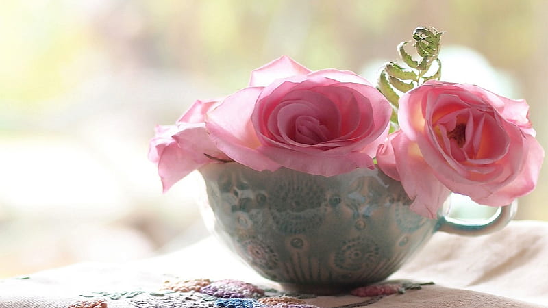 ❤, mug, roses, embroidery, pink, HD wallpaper