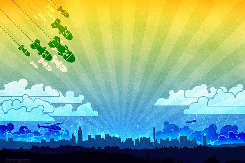 Colorful Skyline, color, bombs, clouds, skyline, HD wallpaper