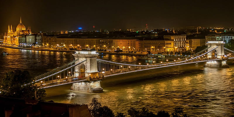 Szechenyi Chain Bridge in Budapest Hungry at Night, architecture, chain, buildings, hungry, sky, lights, budapest, water, bridge, szechenyi, dark, nature, river, blue, night, HD wallpaper