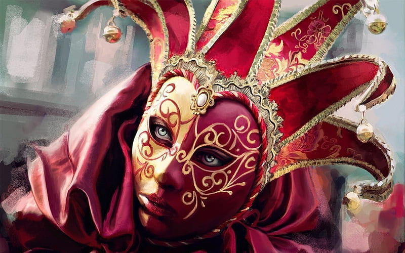 Mask, red, masks, artwork, venetian, HD wallpaper