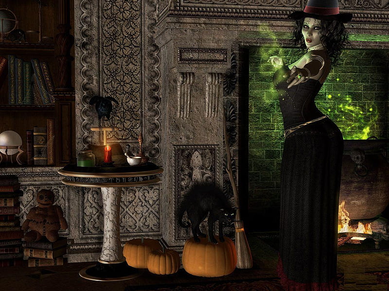 Witch's House, witch, black cat, magic, crow, voodoo doll, HD wallpaper