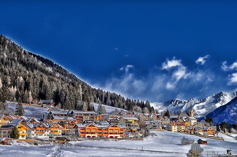 French Village in the Alps, sky, snow, houses, mountains, HD wallpaper