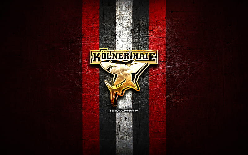 Kolner Haie, golden logo, DEL, red metal background, german hockey team, Deutsche Eishockey Liga, german hockey league, Kolner Haie logo, hockey, Cologne Sharks, HD wallpaper