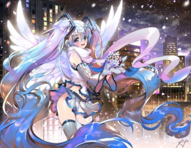 Snow Flakes, pretty, house, wing, sweet, nice, anime, feather, beauty, anime girl, vocaloids, wings, lovely, twintail, miku, sexy, winter, building, hatsune, snow, hatsune miku, bonito, twin tail, city, hot, night, vocaloid, female, angel, twintails, twin tails, flakes, girl, snowflakes, miku hatsune, HD wallpaper