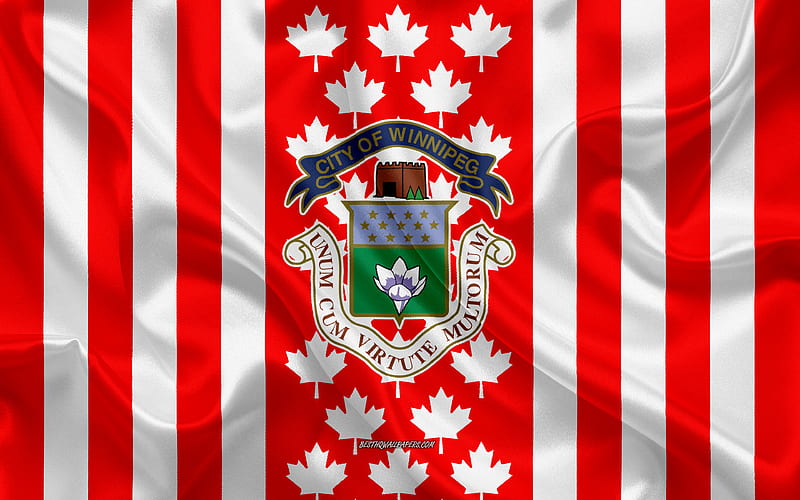 Coat of arms of Winnipeg, Canadian flag, silk texture, Winnipeg, Canada, Seal of Winnipeg, Canadian national symbols, HD wallpaper