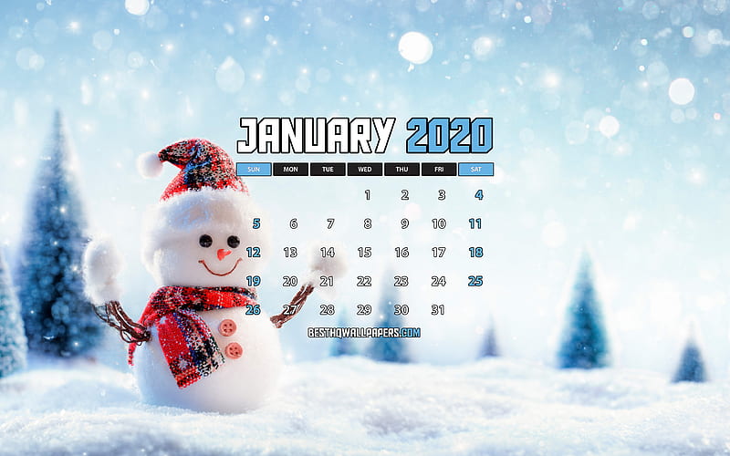 January 2020 Calendar, snowfall, snowman, 2020 calendar, January 2020, creative, winter landscape, January 2020 calendar with snowman, winter, Calendar January 2020, blue background, 2020 calendars, HD wallpaper