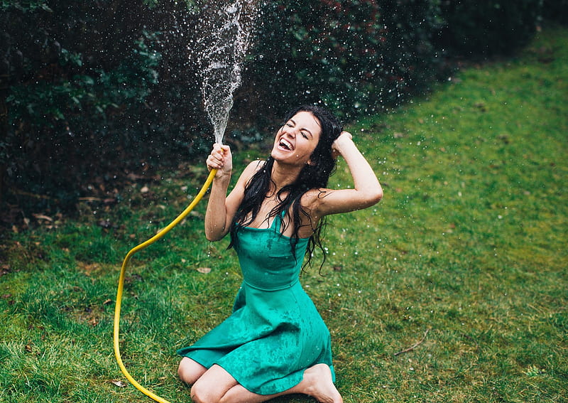 Fun With Water Hose, Green Dress, Water, Grass, Outdoors, HD wallpaper