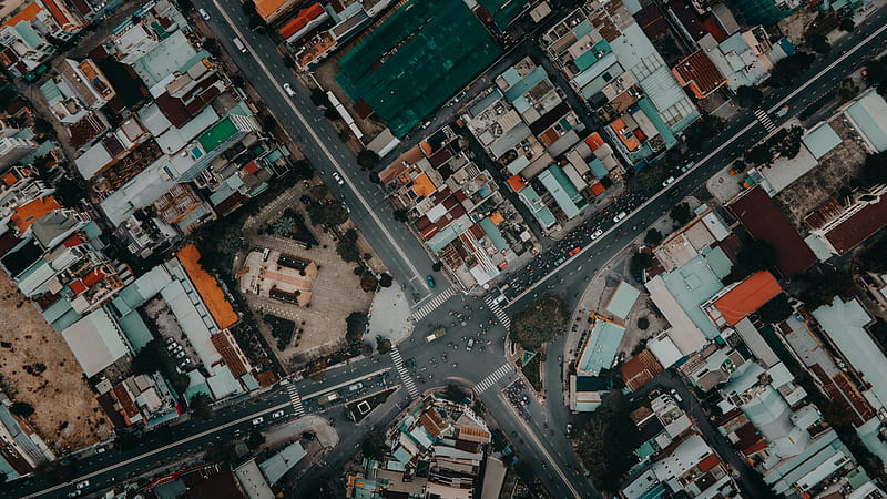 road, buildings, city, aerial view, HD wallpaper