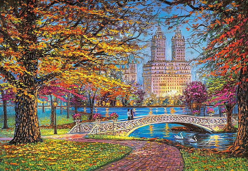Central Park, New York, path, trees, bridge, buildings, painting, HD wallpaper
