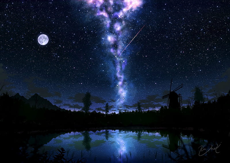 starry sky, glow, art, dark, lake, reflection, HD wallpaper
